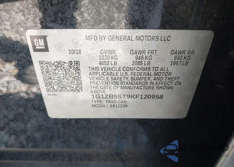 2019 Chevrolet Malibu 1Ls z USA, uszkodzony, nr VIN 1G1ZB5ST9KF120958